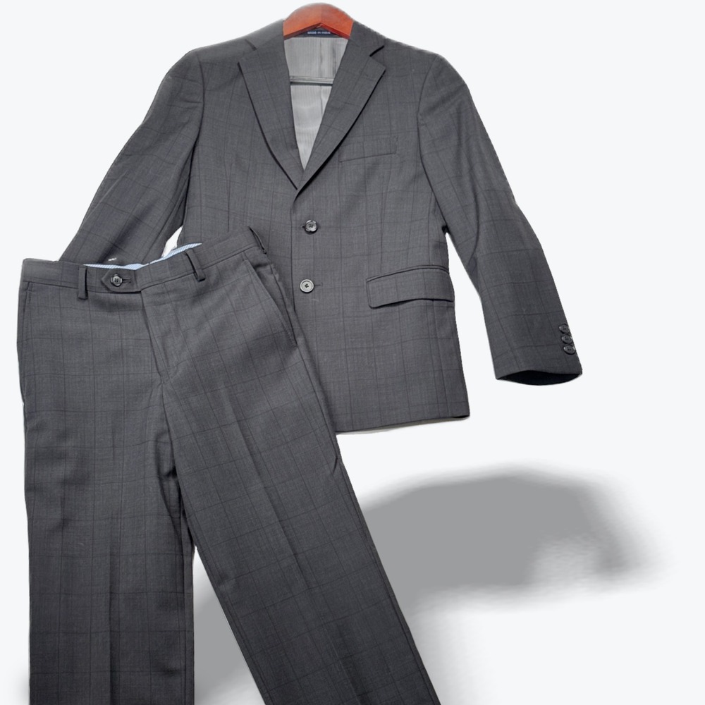 Joseph Abboud Boys 2 Piece Suit Charcoal Gray Glen Plaid Jacket Pants 12R 26W